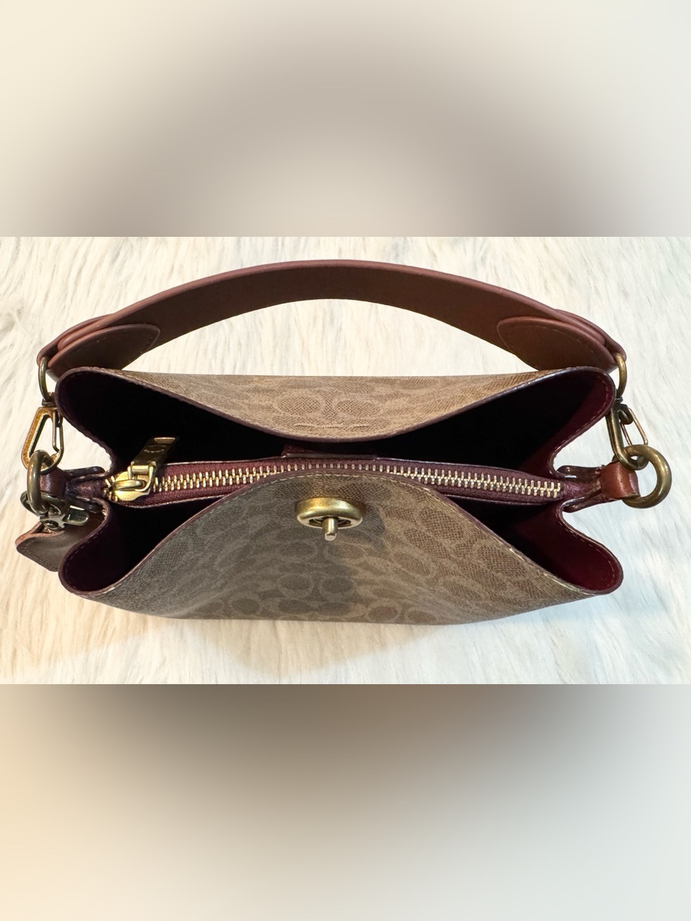 Coach Willow Bucket Signature Canvas Two Way Shoulder Bag Tan Rust Brown EUC - Picture 12 of 16